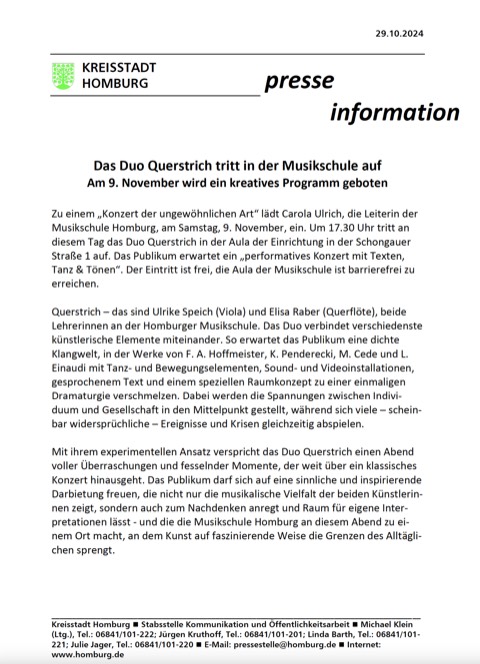 „Das Duo Querstrich tritt in der Musikschule auf“ — Ankündigung zum Konzert am 9. November