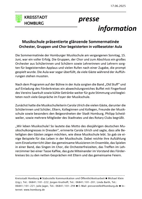 Pressebericht: „Glanzvolle Sommermatinée der Musikschule Homburg begeistert Publikum“